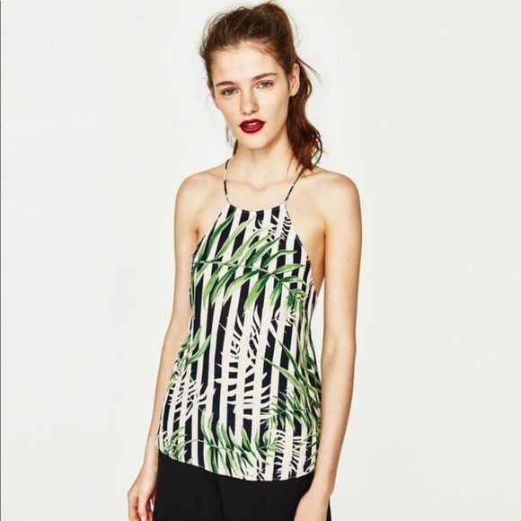 Zara Striped Leaf Print Halter Tank Top - Picture 2 of 9